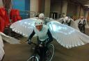 Paul Bird about to go on stage as a cycling dove of peace at the opening ceremony