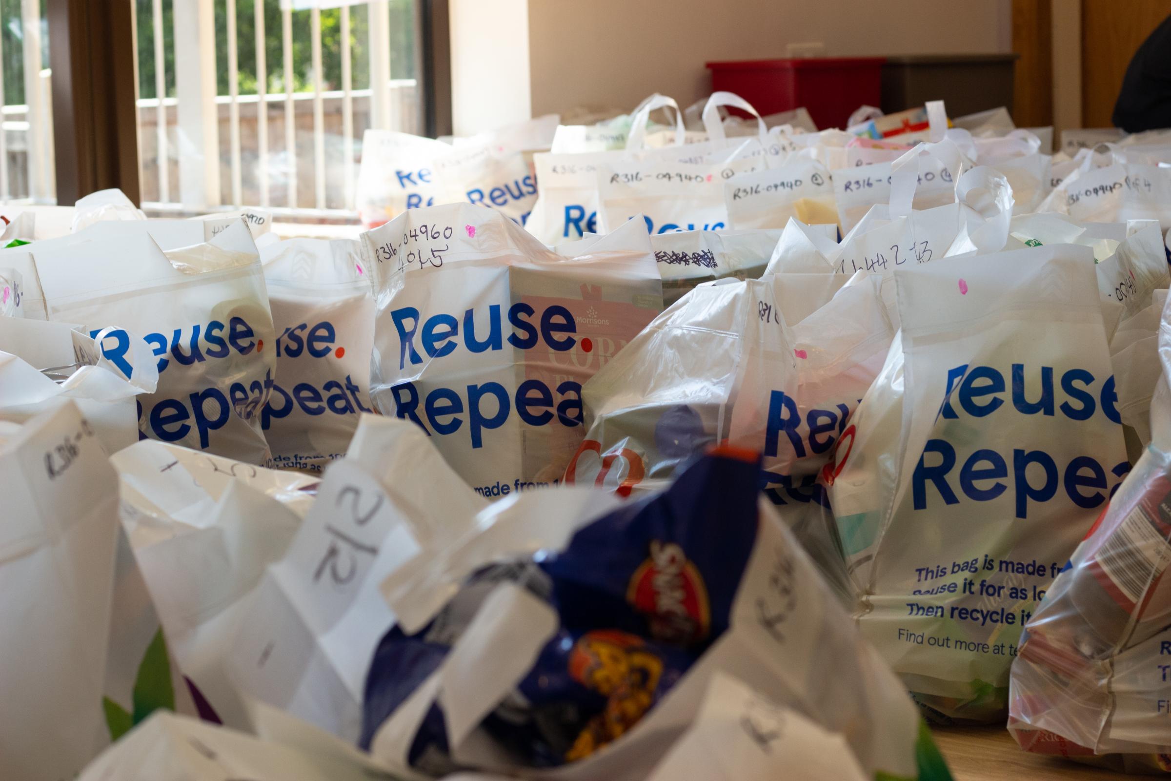 Bags of donations collected by Epping Forest Foodbank that they will distribute to people in needed.
