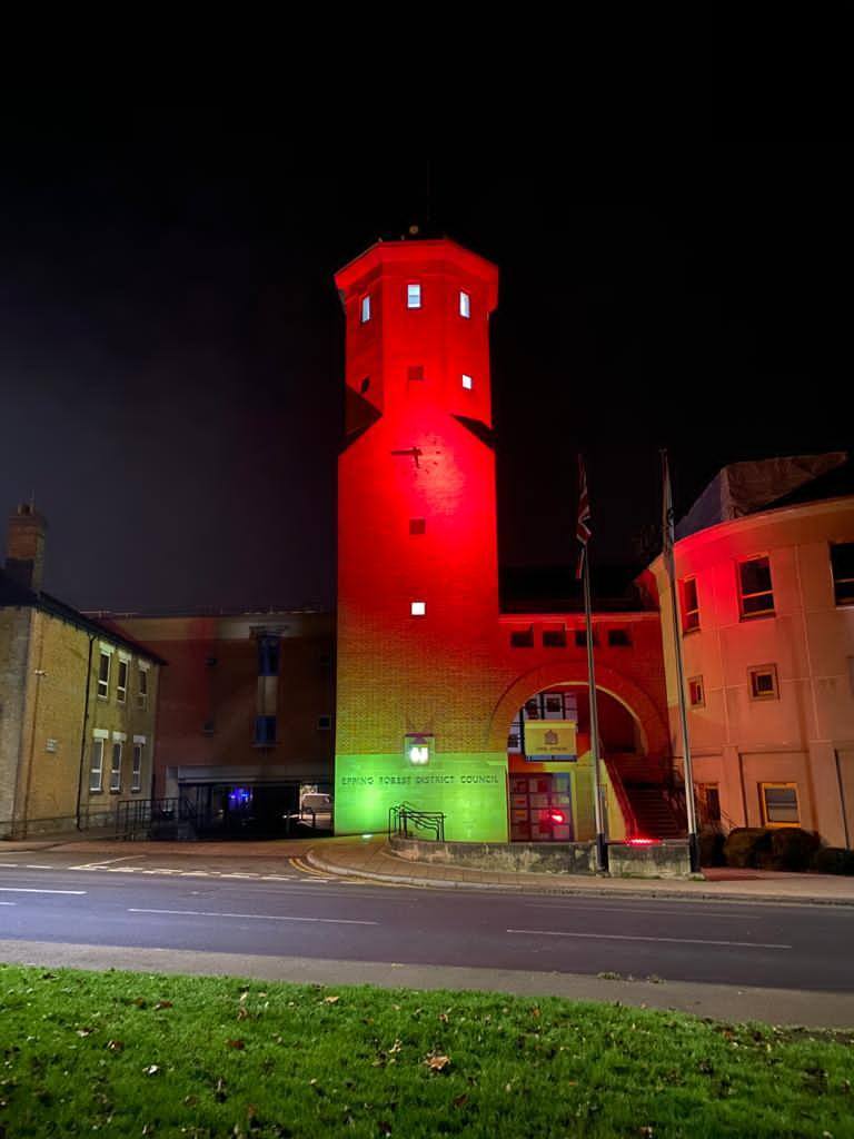 Civic offices in Epping lit up in red last year.