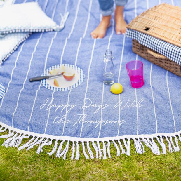 Epping Forest Guardian: Personalised Round Blue Picnic Or Beach Blanket. Credit: Not On The High Street