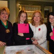 Dame Eleanor Laing MP and Cllr Helen Kane at Epping District Museum with Grace and Tilly from King Harold Academy