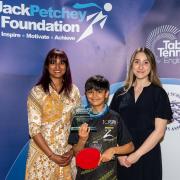 Adam Alibhai with Table Tennis England Director Priya Samuel, left, and Jessica Villiers of the Jack Petchey Foundation