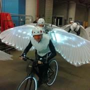 Paul Bird about to go on stage as a cycling dove of peace at the opening ceremony